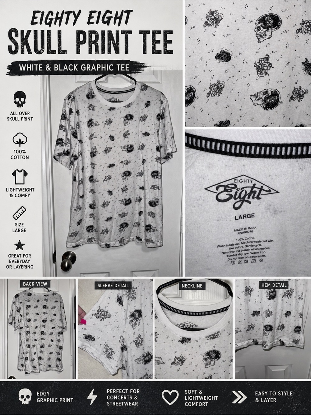 Eighty Eight Skull Print Tee White Black Graphic Goth Grunge Shirt Large